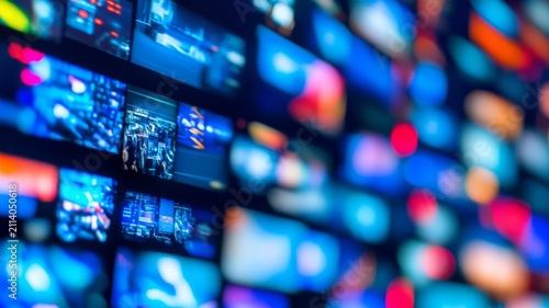 Digital screens array showing diverse video content feeds in modern broadcast media control center environment background.