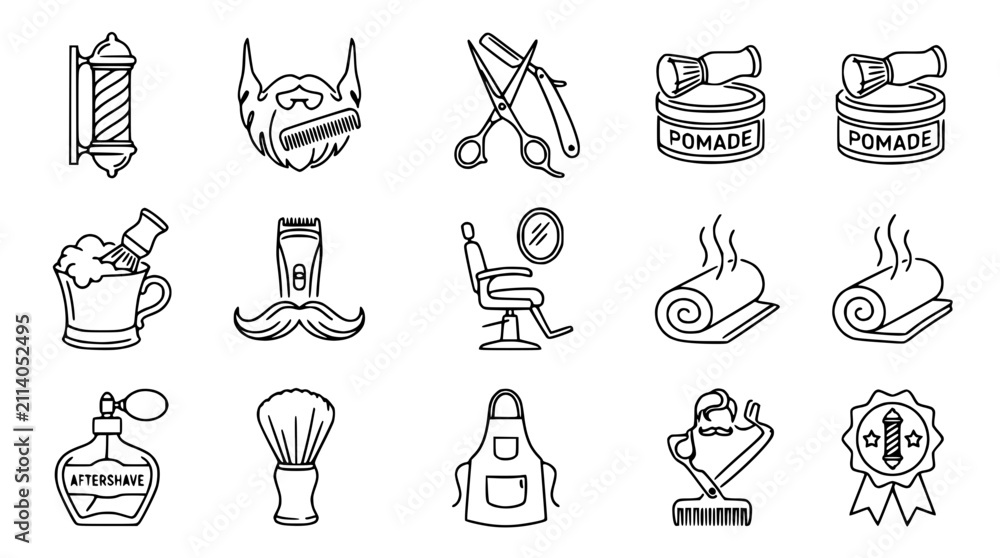 Fototapeta premium Barber Shop Icons Set: Hand-Drawn Collection of Grooming Tools and Services