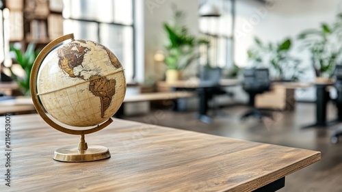 Vintage desk globe on wooden table in modern blurred office workspace interior setting concept.
