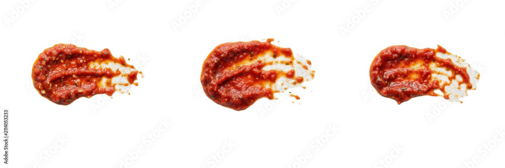 Obraz premium Red salsa or tomato paste smear PNG collection, spicy condiment and harissa sauce streak clip art, savory food spread cutout elements, isolated dipping sauce design asset set