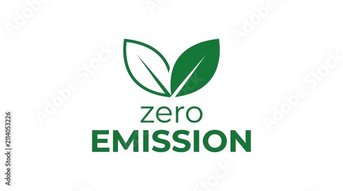 Green zero emission sign featuring two elegant leaves isolated against a clean crisp white background surface