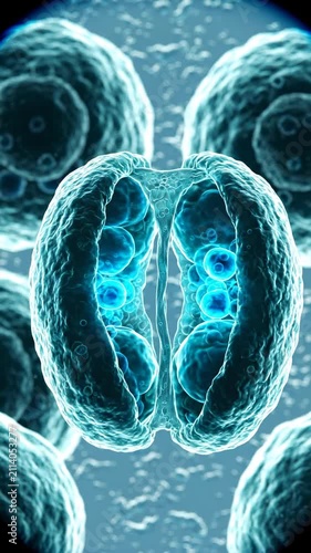 Microscopic view of cell division process, showing detailed cellular structures and mitosis stages