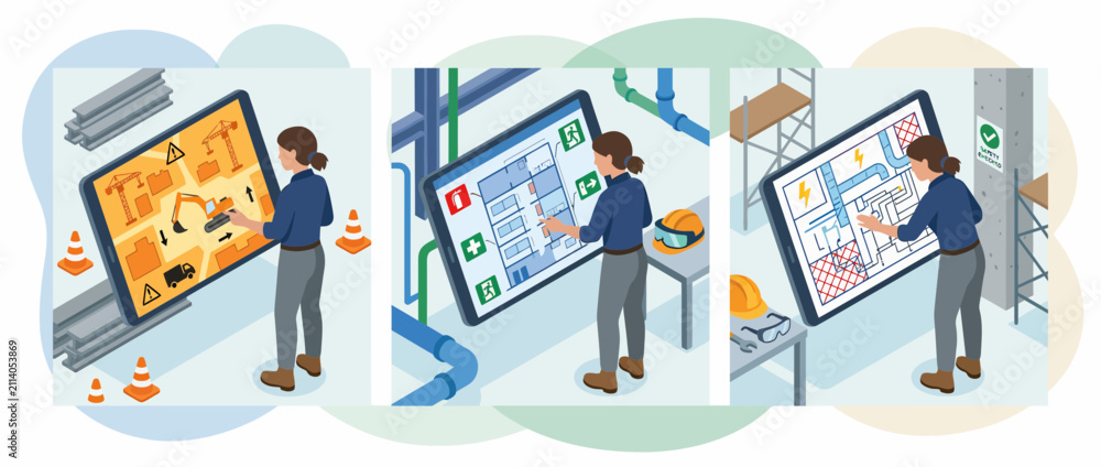 Fototapeta premium Isometric Professional Occupational Safety Technician Activity Scenes