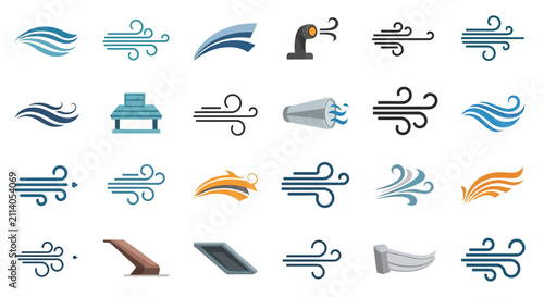 Wind icons depicting various air currents and motion patterns represent weather conditions in a flat graphical style.