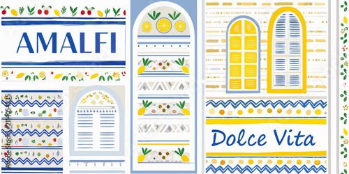 Photography amalfi coastal scene vector illustration with lemons and shutters windows italia