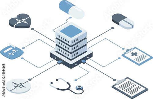 An isometric view of a central server hub connected by thin lines to various medical icons such as a heart, a pill, a stethoscope, and a clipboard. Bright white background with a palette of soft