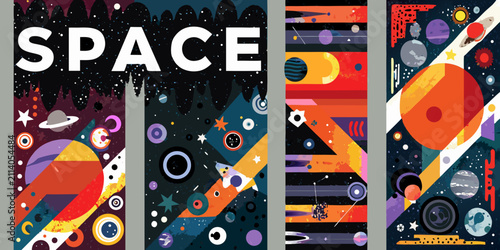 Foto space posters colorful retro vector illustration design futuristic art planets s