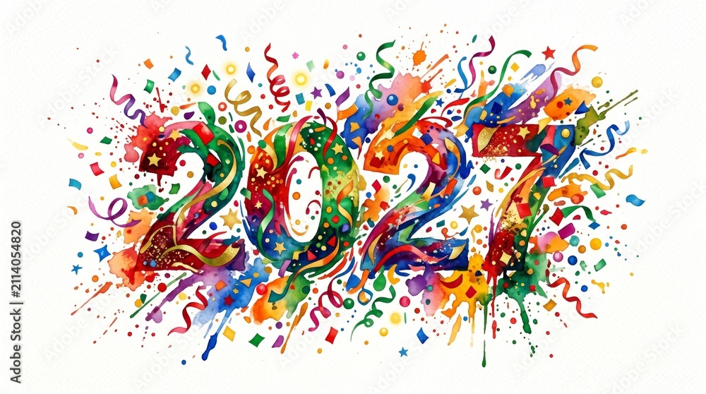 Obraz premium Colorful 2027 illustration with confetti and streamers. Abstract watercolor holiday celebration design. Festive greeting card element for New Year party invitation and creative banner