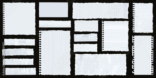 torn lined and graph paper pieces on black background notebook writing sketch stationery school supplies office artistic design graphic illustration vector art clipart