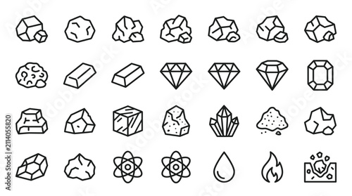 A comprehensive collection of outline style mineral and gemstone icons featuring raw stones diamonds precious gems crystals and chemical elements