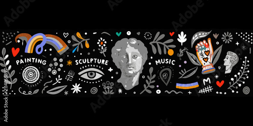 art exhibition banner with colorful illustrations on black background painting sculpture music icons symbols rainbow heart leaf eye vector graphic design culture creativity