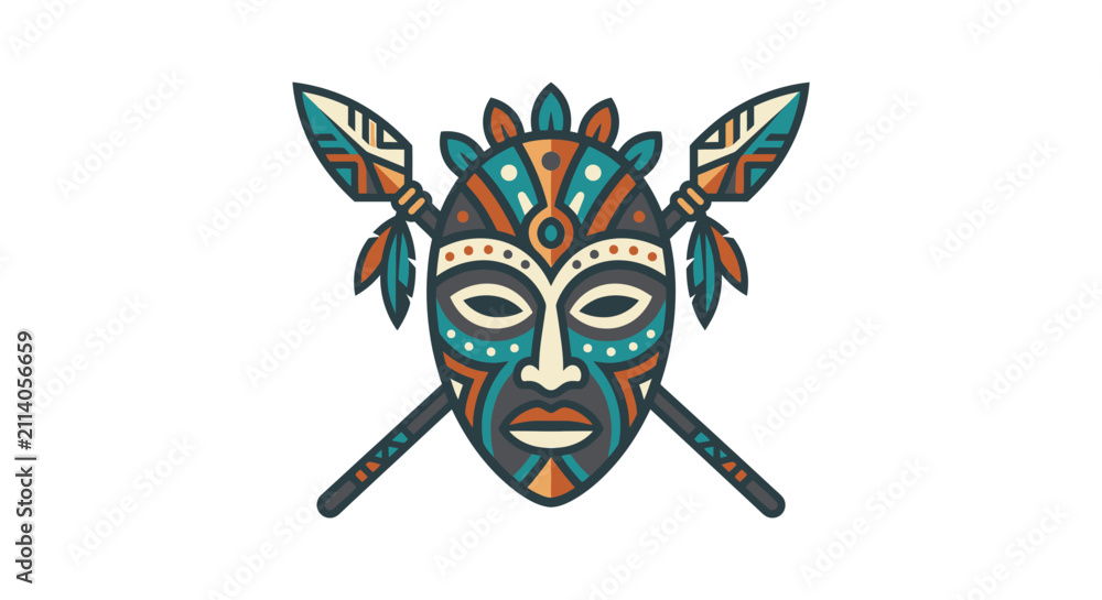 Fototapeta premium Tribal African Mask With Crossed Spears Icon On White Background