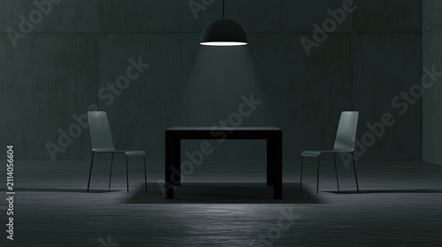 Bare concrete room with table and chairs under a single light