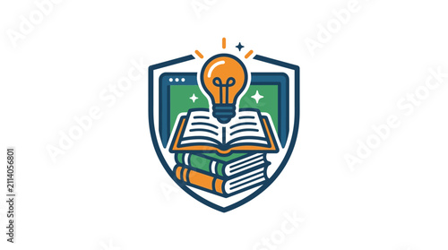 Educational Shield Icon With Lightbulb And Books On White Background
