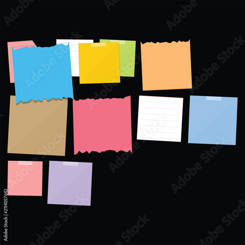 Assorted colorful sticky notes with torn and straight edges arranged on a plain background, for office organization, and reminders, isolated