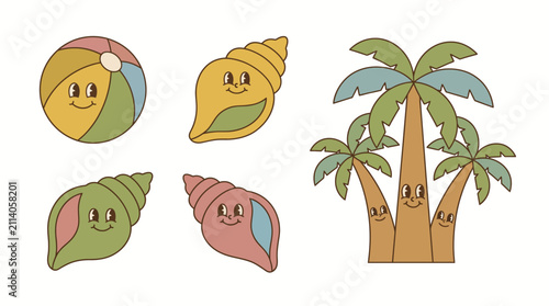 Beach icons featuring a smiling ball, seashell, and palm tree represent a cheerful summer vacation theme.