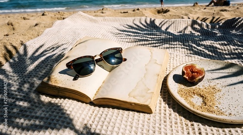 Beach Book and Sunglasses Flat Lay on Sandy Shore for Summer Vacation