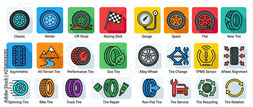 Automotive Tire Icons Collection: Types, Services, and Maintenance