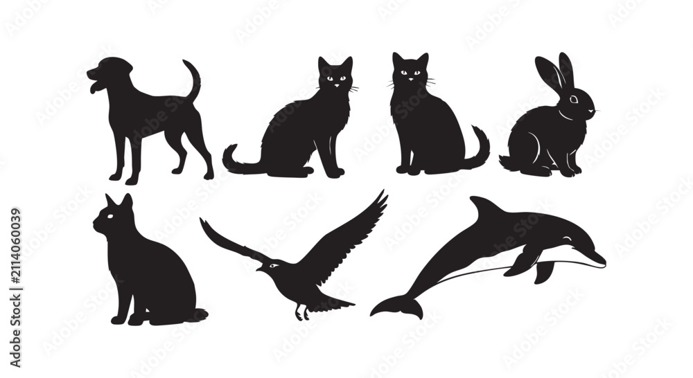 Fototapeta premium Animal silhouettes including dog cat rabbit bird and dolphin in various poses.