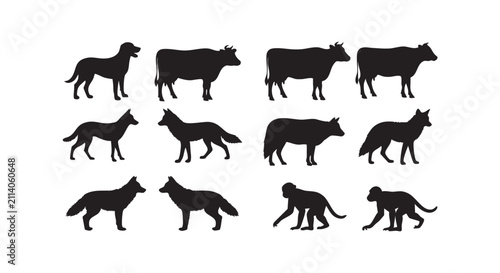 Assortment of domestic and wild animal silhouettes, including dogs, cows, wolves, and monkeys.