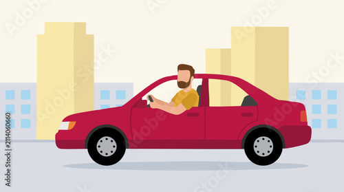 Flat design illustration of a bearded man driving a red car in an urban setting