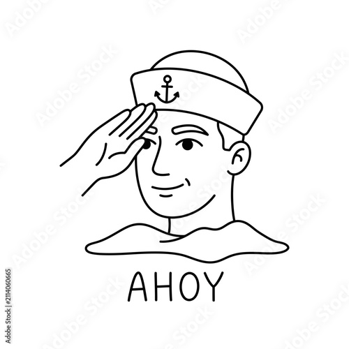 Sailor man saluting with ahoy text line art