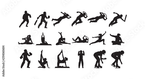 Athletes and dancers silhouettes performing various sports and fitness activities.