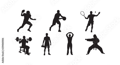 Athletic silhouettes collection representing various popular sports and fitness training.