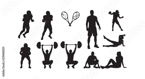 Athletic silhouettes showcasing weightlifting, football, tennis, and running.