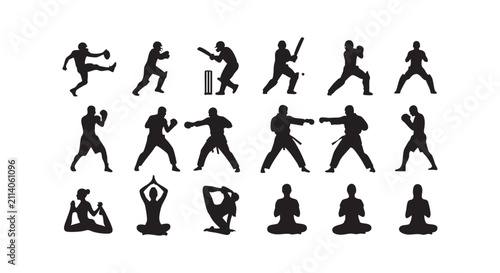 Athletic sports and fitness silhouettes including boxing cricket yoga and football poses.