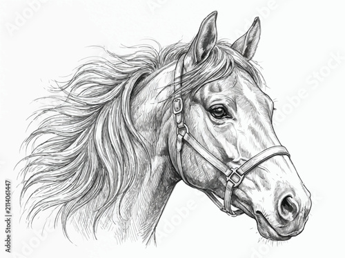 Hand-drawn pencil sketch of horse head with flowing mane and halter, artistic monochrome equine portrait illustration