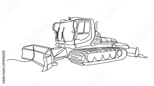 Foto Continuous Line Drawing of a Snow Groomer Machine with Blade and Tracks
