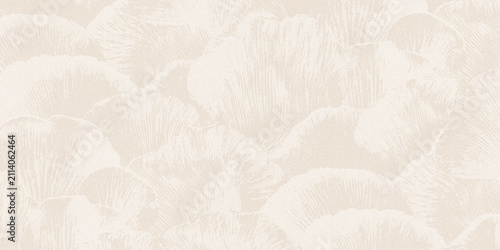 pale cream textured background with soft overlapping fan-like ginkgo leaf patterns.