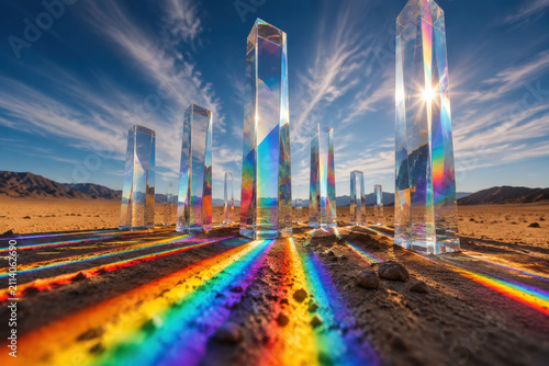Glass prism rainbow desert sunlight low angle reflection refraction spectrum Glass prism tower casting rainbow light across desert sand dramatic