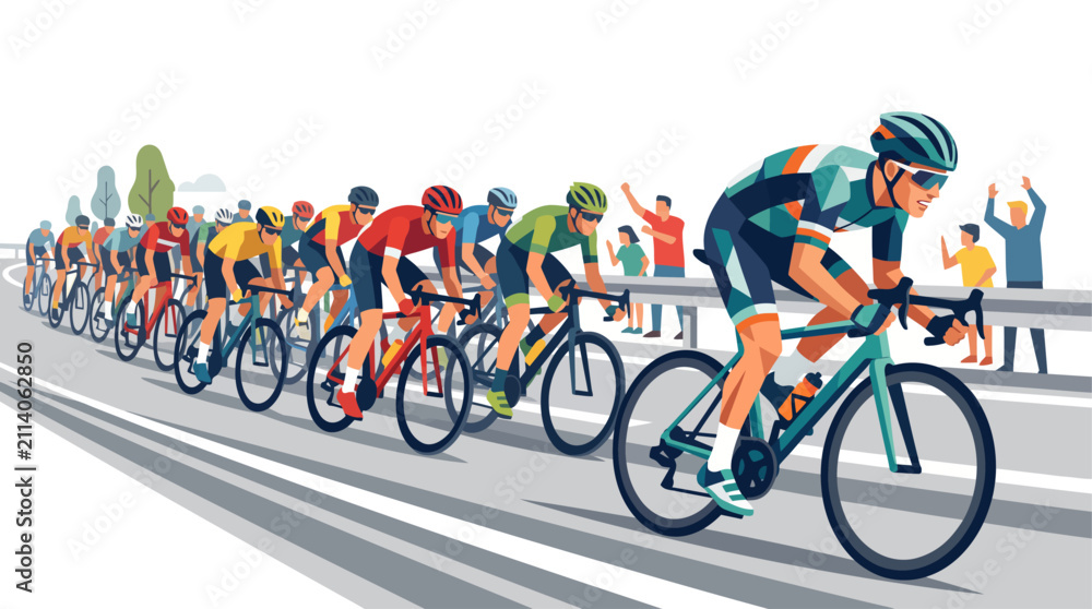 Fototapeta premium Professional cyclists competing in a road race, leaning into a sharp turn during a high-speed competition