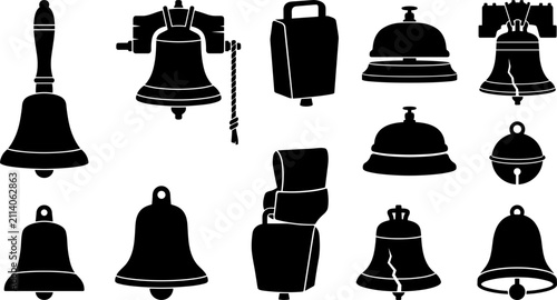 Foto Vintage and Traditional Bell Vector Icon Set Featuring Handbell Church Bells Cow