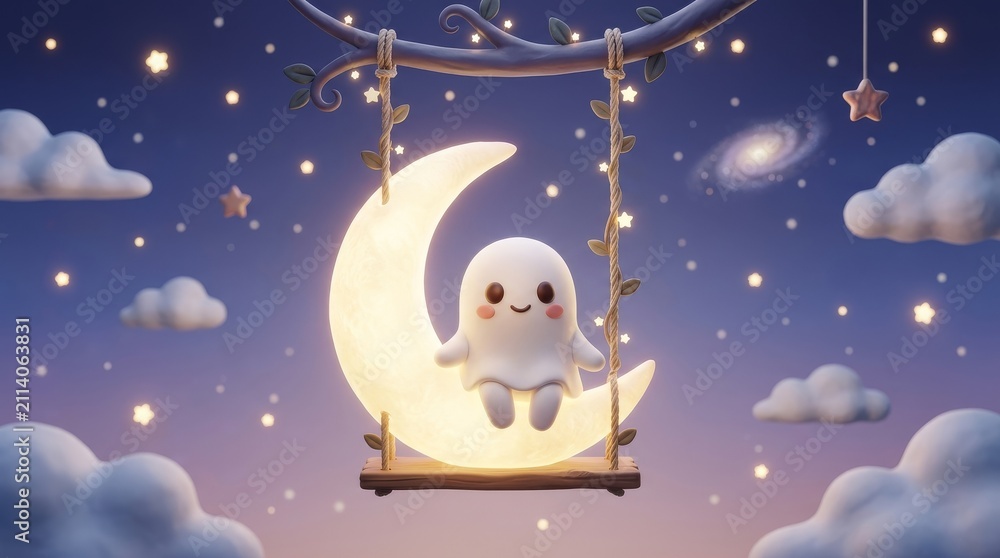 Fototapeta premium Cute 3D Ghost Swinging on a Crescent Moon