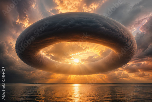 Storm cloud dramatic sky sunset ocean ring cloud sunlight horizon dramatic storm cloud shaped like ring above ocean sunset with glowing light