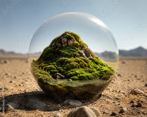 Moss hill green glass sphere desert rock sand miniature landscape Mossy miniature hill inside clear glass sphere sandy desert ground with rock