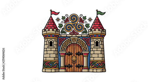 Ornate Castle Gate with Celtic Knotwork and Banners