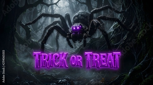 Trick or treat halloween poster with a giant scary spider, glowing purple eyes, dark misty forest, and neon purple text in a spooky woods
