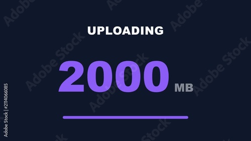 Uploading progress animation, dynamic progress bar with increasing megabyte values, modern digital interface, symbolizing data transfer and technology