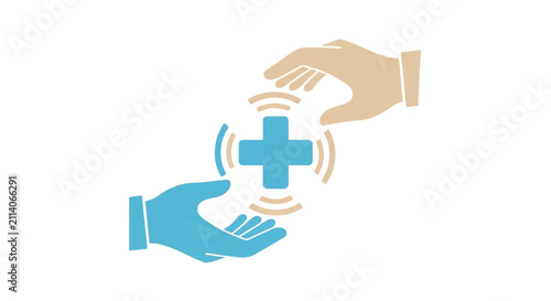 Two stylized hands reaching toward a central digital cross symbol, representing the connection between patient and provider through EHR. Colors: white, light blue, and beige. Minimalist flat