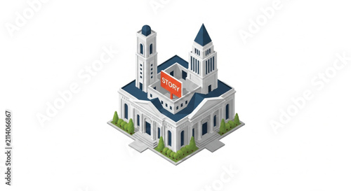 Isometric White Building with Blue Dome and Tower, Minimalist Architecture, Vector Illustration