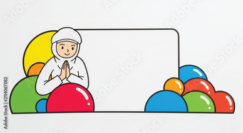 Joyful Muslim Woman in Hijab Praying with Hands Together, Surrounded by Colorful Abstract Shapes