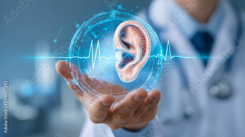 doctor holding ear model for people with hearing problems.