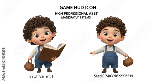 Joyful Young Boy in Overalls Reading a Book, Holding a Basket, Cartoon Style