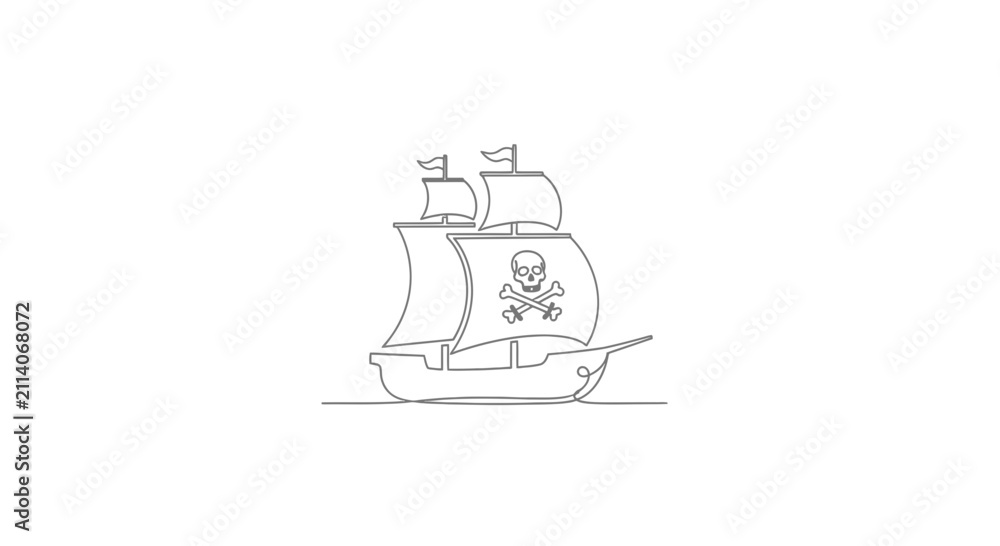 Fototapeta premium Pirate Ship Silhouette with Jolly Roger Flag on White Background
