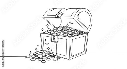 Treasure Chest Overflowing with Gold Coins, Sparkles, Line Art