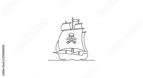 Canvas Print Pirate Ship with Jolly Roger Flag, Continuous Line Drawing